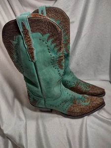 DAN POST 4786 VAQUERO WESTERN CUERO TACHONADO MARRÓN TURQUESA 9 1/2 M - Imagen 1 de 6