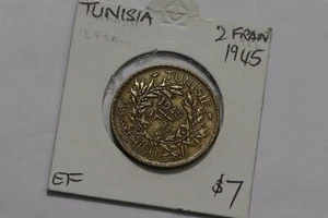 🧭 🇹🇳 TUNISIA 2 FRANCS 1945 FRANCE DOMINION B70 #125 - Picture 1 of 3