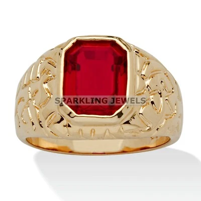 AAA+ Ruby Emerald Cut With 925 Silver Gold Plated Ring For Men #626 - Image 1 of 4