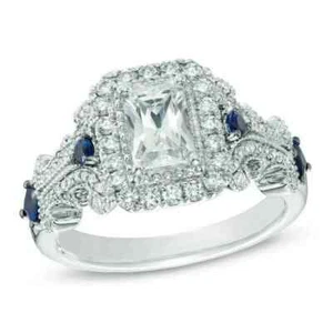 Vera Wang Emerald Cut Lab Created Diamond & Sapphire 14k White Gold FN Ring - Picture 1 of 12