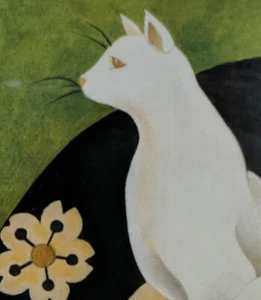 Living With Grace Matted Art Print Sybil Shane Studio White Cat Japanese Fan - Picture 1 of 6