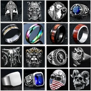 Skull Man Ring 316L Stainless Steel Hoop Steam Ram Men Punk Ring Gothic Band - Picture 1 of 40