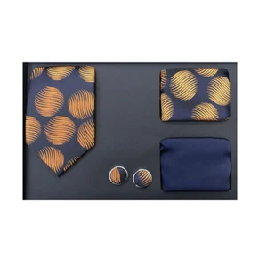 New formal Men's skinny necktie hankie cufflinks gift set pattern navy blue gold - Picture 1 of 3