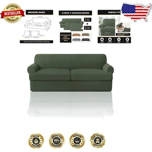 Stylish Bronze Green T Cushion Sofa Slipcover - 3-Piece Set for Sofas up to 90" - Picture 1 of 10