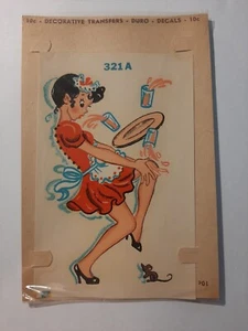 Vintage Pin Up Girl Waitress With Mouse Duro Water Transfer Decal NOS - Picture 1 of 4