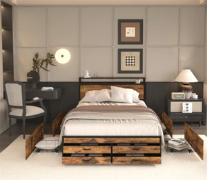 Full Size Bed Frame with LED Headboard ,Charging Station and 8 Storage Drawers - Picture 1 of 8
