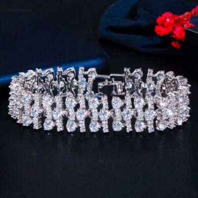 Brazalete brazalete envolvente ancho grande de circonita cúbica azul de 3 filas para mujer boda fiesta Foto 1 de 4