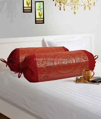 Red Bolster Cover Bolster Cover Brocade Jacquard Gypsy Tribal Hippie Pillow - Image 1 of 4