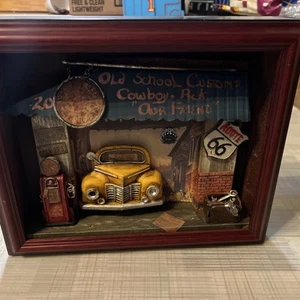 Framed  Gift Mixed Media Old Time Gas Station 3D Shelf Home Decoration Car Fan - Picture 1 of 7