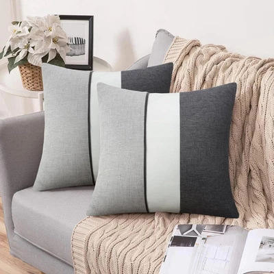 Decorative Throw Pillow Covers 18x18 - Black & White Linen and Black Faux - Image 1 of 4