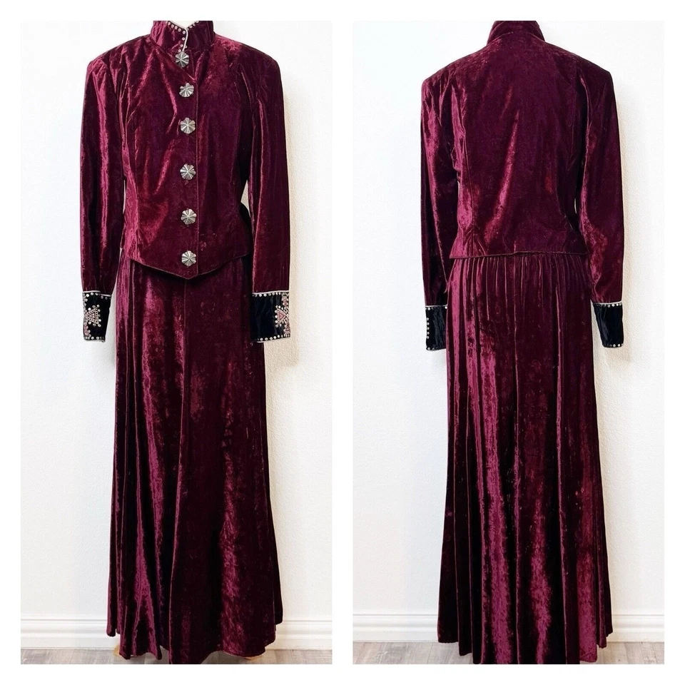 Conjunto de chaqueta y falda de terciopelo Double D Ranch borgoña Western Boho para mujer talla M Foto 1 de 4