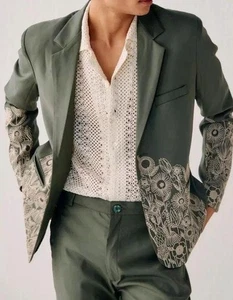 Olive Green Suit With Beige Embroidered Sleeves Elegant Tailored 2 Piece Outfit - Picture 1 of 9
