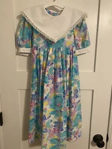Vintage Cary San Francisco Girls Size 7 Bright Floral Dress Colorful White Bib - Picture 1 of 5