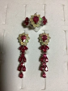 Ruby & Opal Sterling Silver Earrings & Ring (8) Set - Picture 1 of 8