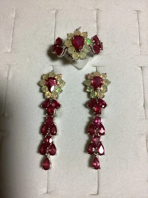 Ruby & Opal Sterling Silver Earrings & Ring (8) Set - Image 1 of 4