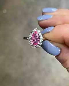 3.56 Ct Pear Cut Natural Pink Sapphire & Diamond Engagement Ring 14K White Gold - Picture 1 of 6