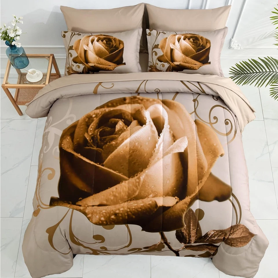 Juego de edredón de 7 piezas WONGS floral dorado negro Queen King ropa de cama de microfibra suave​ Foto 1 de 1