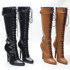 Women 14Cm High Heeled Pointed Toe Lace Up Knee Length Boots Vintage Shoes Clubs
