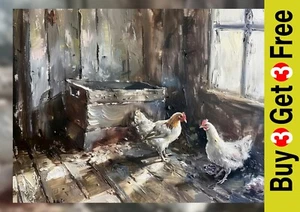 Chickens in Sunlight 5"x7" Print on Matte Paper | Rustic Oil Farmhouse Scene - Picture 1 of 17