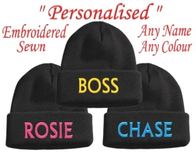 Custom Embroidered Personalised Name Woolly Beanie Hat Men's Women's Work Gift