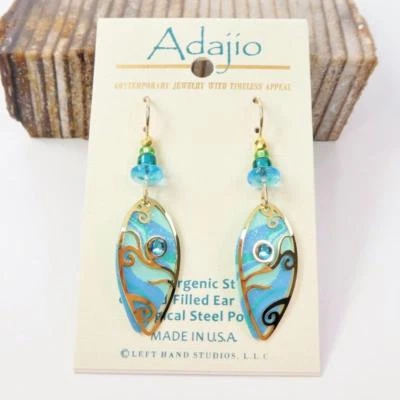 Adajio Earrings Aqua Green Drop with Gold Plated Curls Handmade in USA 7329 - Image 1 of 3