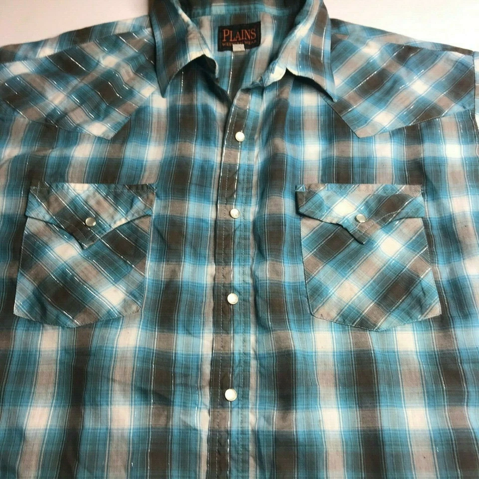 Plains Western Aqua & Black Size XL snap front silver metallic stitching plaid - Image 1 of 4