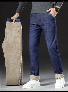 Mens Thermal Jeans Thick Velvet Denim Pants Warm Fleece Lined Jeans Trousers - Picture 1 of 14