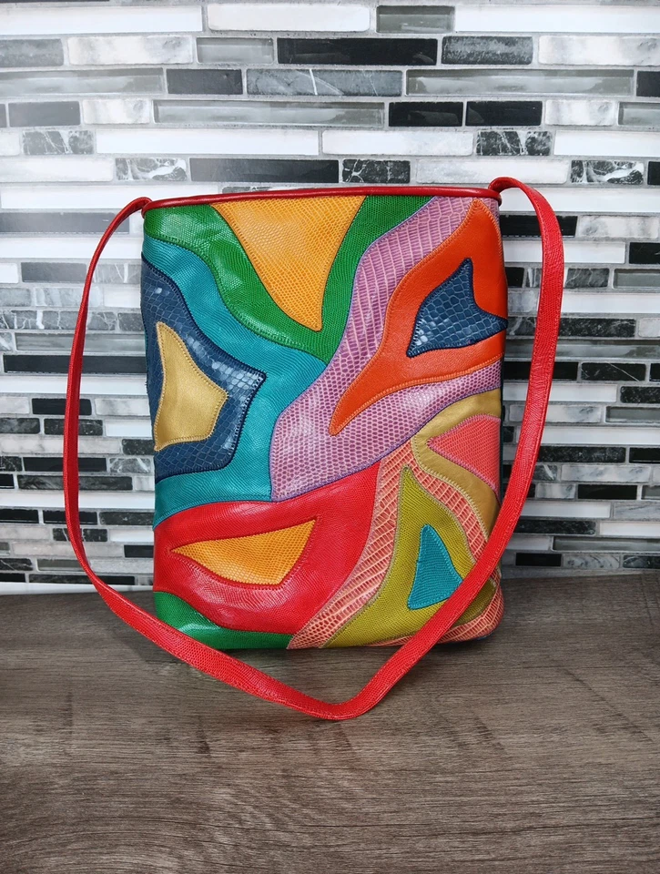 Vintage 80s 90s Sharif Shoulder Handbag Crossbody Patchwork Reptile Lizard  Red - Image 1 of 4