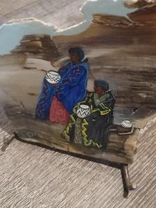 American Indian Slab Hand Painting Vintage With Stand Signed - Picture 1 of 5