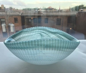 Ribbed SeaShell Textured Murano Style Art Glass Folded Bowl 9x5x4” Blue Swirl - Picture 1 of 22