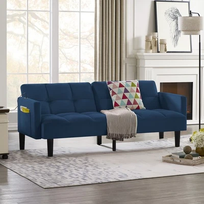 Velvet Futon Couch Convertible Folding Sofa Bed with Side Pocket for Living Room - Image 1 of 4