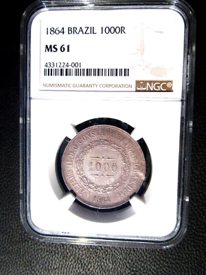 1864 Brazil 1000 Reis, NGC MS 61, 001 - Image 1 of 3