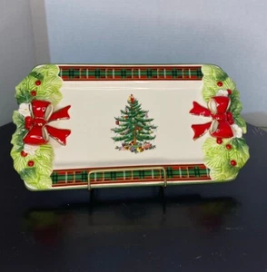 Spode Christmas Tree Figural Tartan Plaid 12" Tray Bows Dolomite Handles New - Picture 1 of 7