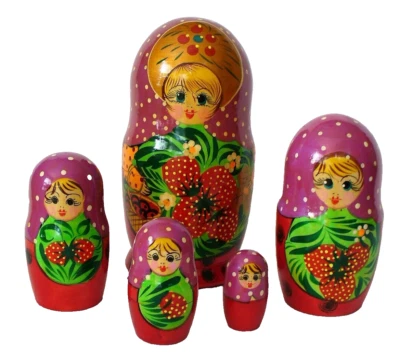 Vintage~5~MATRIOSKA~Russo~DIPINTO A MANO~Fragola~FIGURA~Legno~BAMBOLE NIDO - Immagine 1 di 4