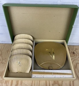 Set Of Japanese Lacquer Ware Fan Shaped Plates, 1 Lrg 5 Small. Original Box - Picture 1 of 16