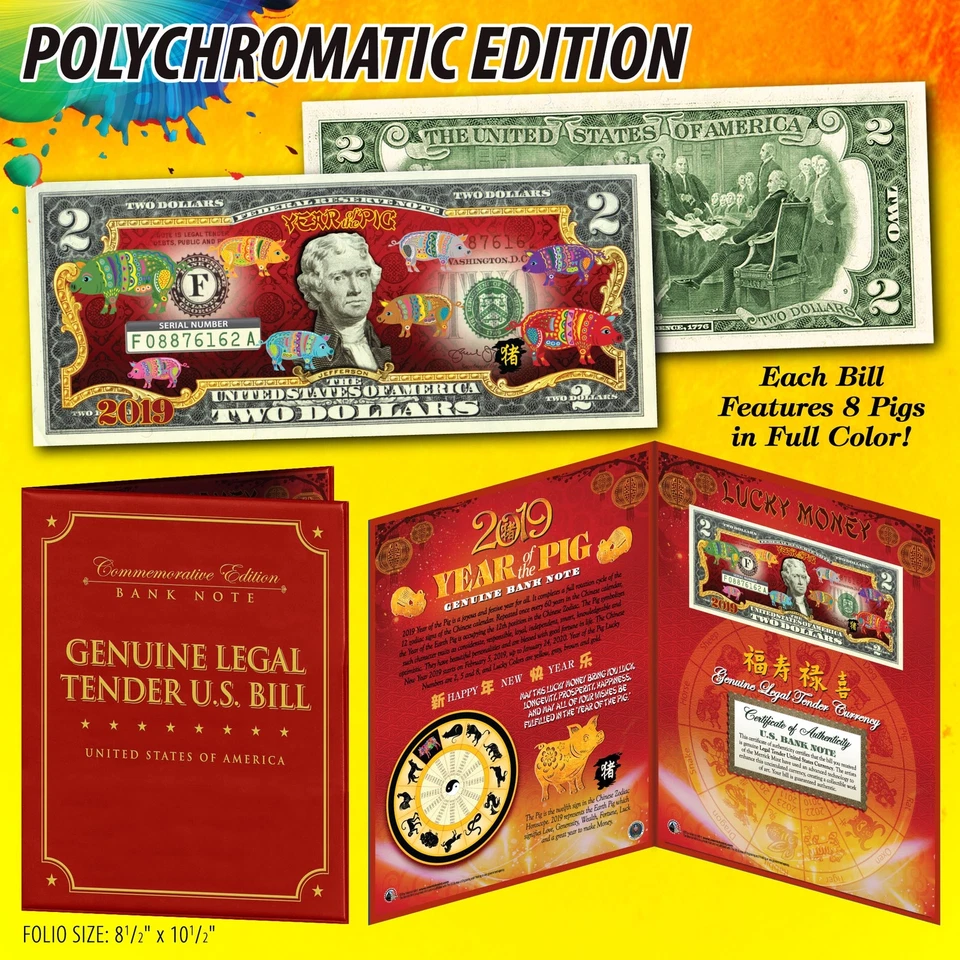 2019 Lunar Chinese New YEAR OF THE PIG Polychrome 8 Pigs $2 Bill in 8x10 Folio - Image 1 of 1