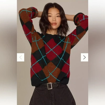 Nuevo con etiquetas Suéter Anthropologie English Factory Fuzzy Argyle Verde Oscuro Talla S $130 Foto 1 de 4