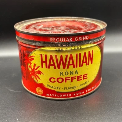 Lata de café Kona hawaiana vintage con tapa original. Llave de viento de 1 lb. Honolulu Hawaii Foto 1 de 4