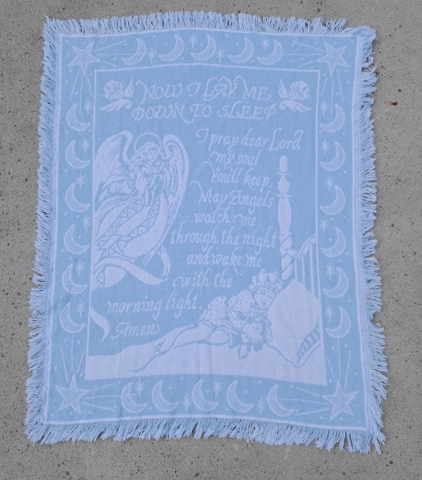 Manta vintage 2002 Baby Throw Down I Lay Me azul blanco tapiz infantil decoración Foto 1 de 4