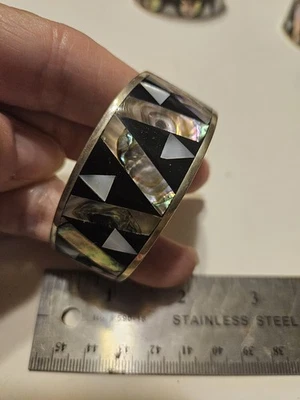 Vtg Mexican Silver Bracelet Sm Cuff Inlaid Abalone Mother Pearl Alpaca NNT 1533☆ - Image 1 of 4