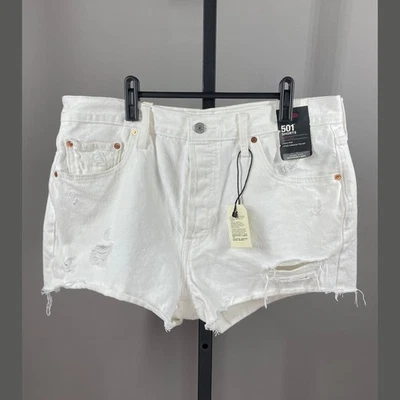 NEW Levis Shorts Womens 33 501 white jean denim distressed casual - Image 1 of 4