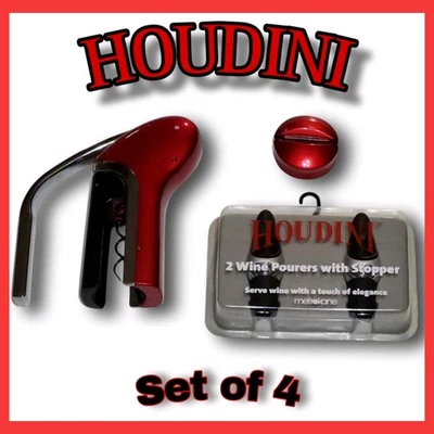 Houdini Lever Corkscrew Wine Opener Set – Red Foil Cutter 2 Pourers & Stoppers - Image 1 of 4