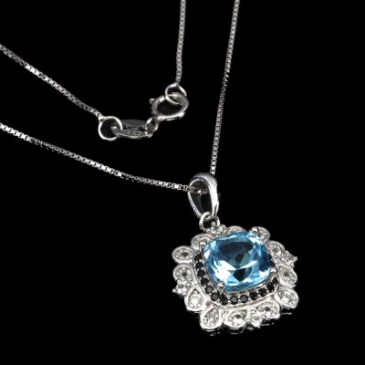 925 Sterling Collana Argento Antico Topazio Blu Spinello Gemma Gioielli - Immagine 1 di 4