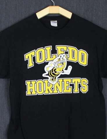 Toledo Hornets IHL ECHL Hockey Logo T-Shirt Walleye Black Large L Distressed Cover