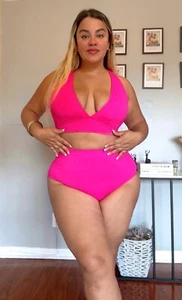 **Woman's Plus Size Bikini High Waisted Swimsuit 2 Piece Tummy Control pink NEW - Picture 1 of 10