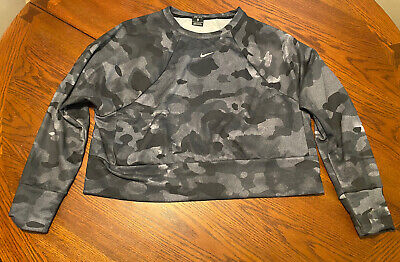Women’s Nike Dri Fit Cropped Sweatshirt Black Gray Camo L Large Long Sleeve • 29.99€