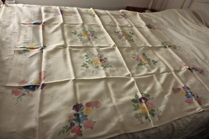 Vintage 50er Jahre Tischdecke quadratisch 50" qm creme Blumen Doppel Damast - Bild 1 von 3