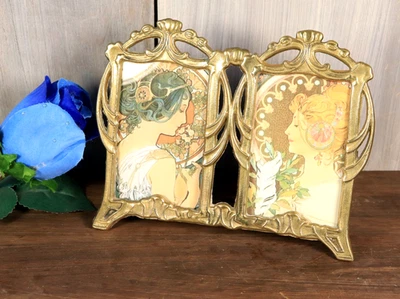 Vintage French Art Nouveau Brass Bronze Picture Frame Double Photo w/ Easel - Image 1 of 4