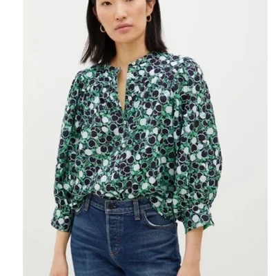 Maeve Anthropologie Top Blouse Womens L Green Henley Puff Sleeve Boho Cotton - Image 1 of 4