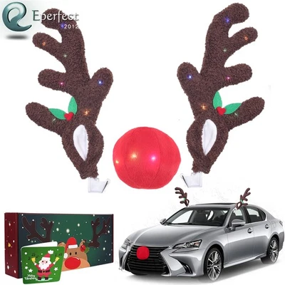 Cuernos de reno de Navidad y nariz roja para coches con luces LED decoraciones navideñas Foto 1 de 4